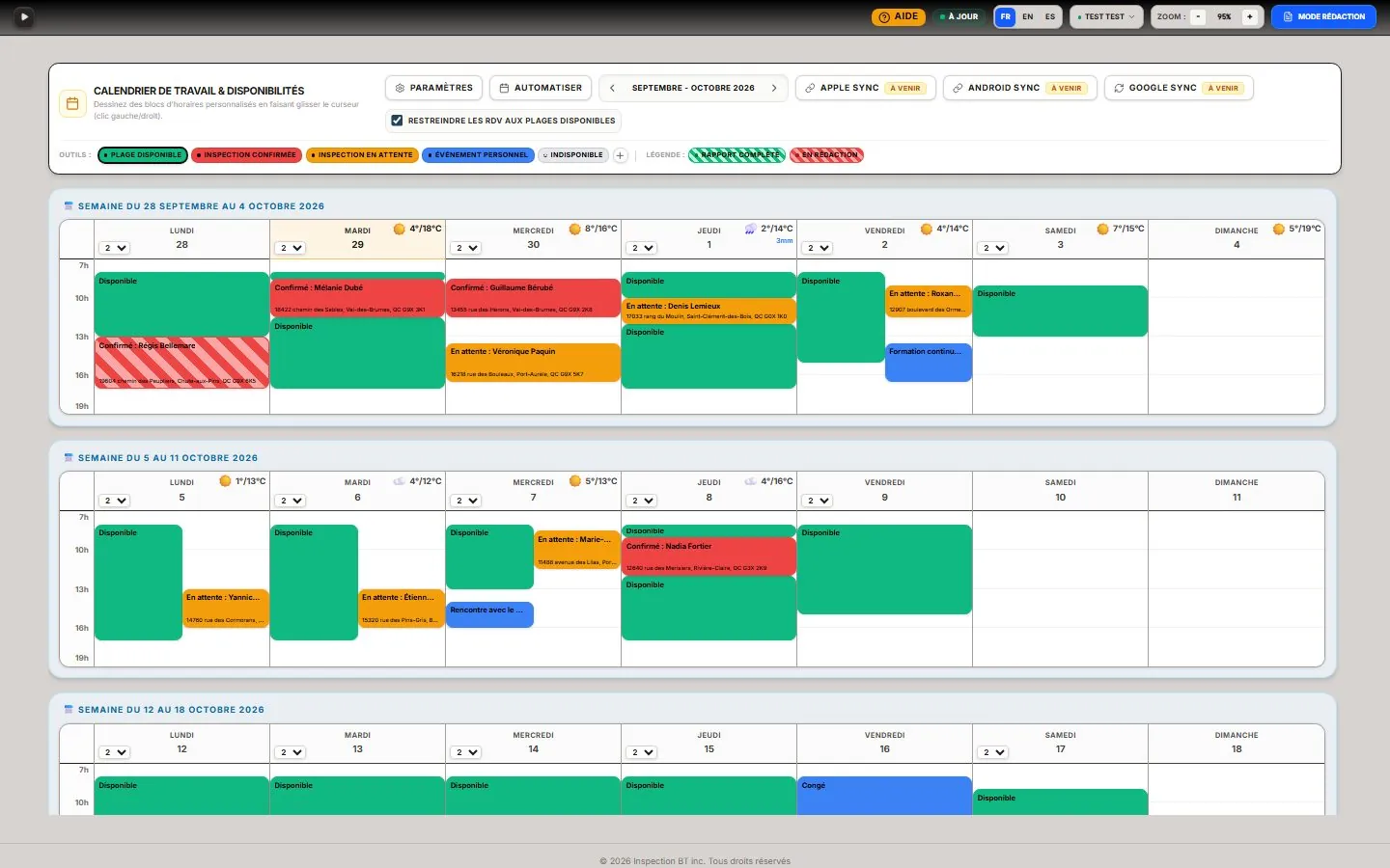 Capture de la vraie application SpecAI : Calendrier et disponibilités