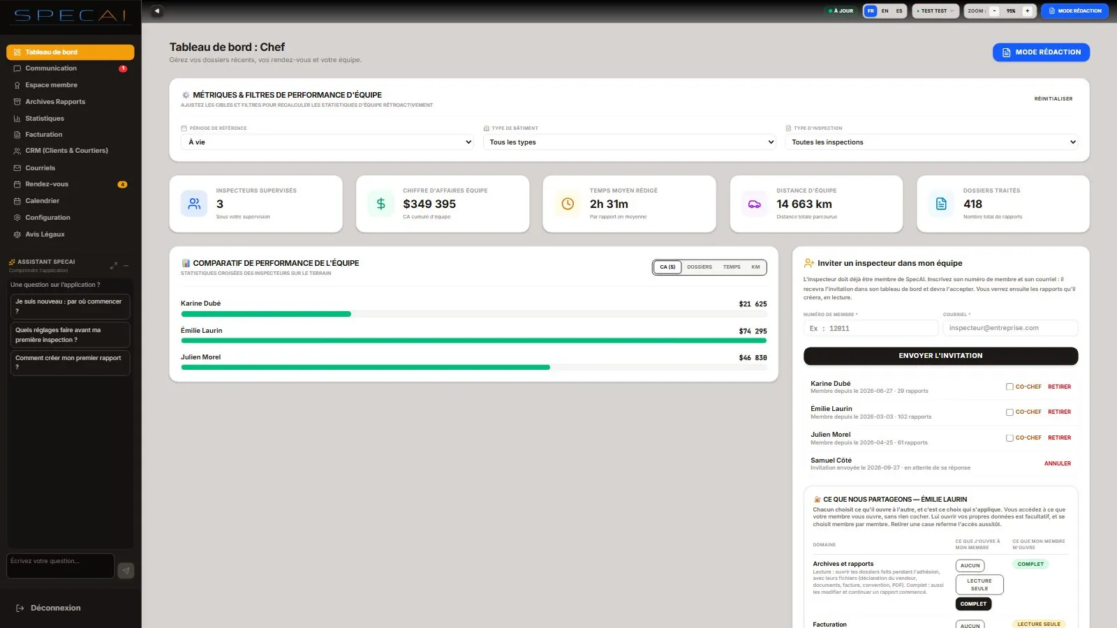 Capture de la vraie application SpecAI : Formule Chef d’équipe