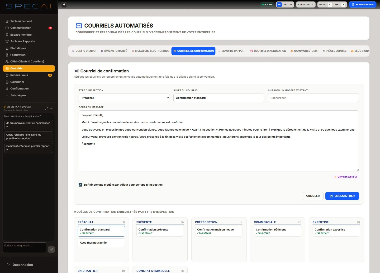 Capture de la vraie application SpecAI : Courriels automatisés