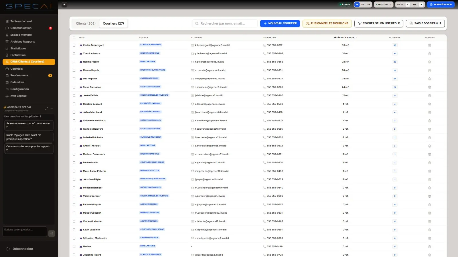Capture de la vraie application SpecAI : CRM