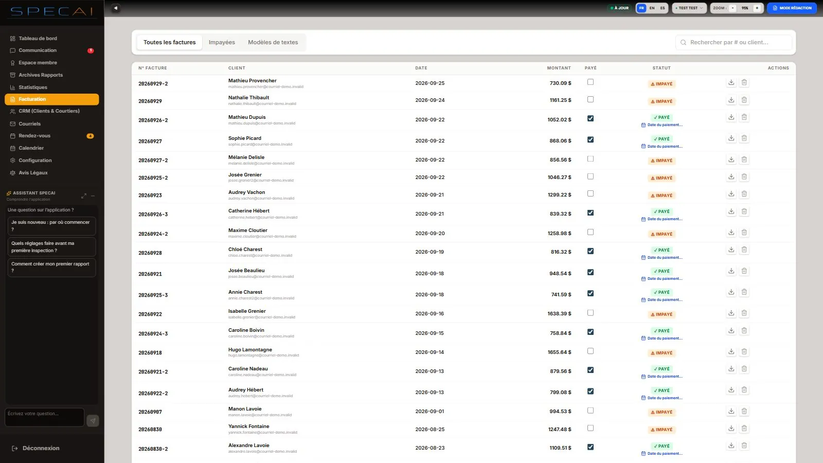 Capture de la vraie application SpecAI : Facturation automatique