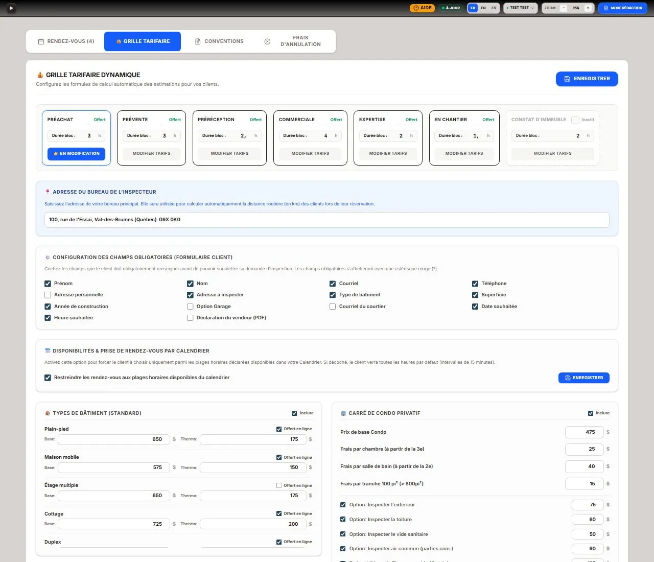 Capture de la vraie application SpecAI : Grille tarifaire modulable