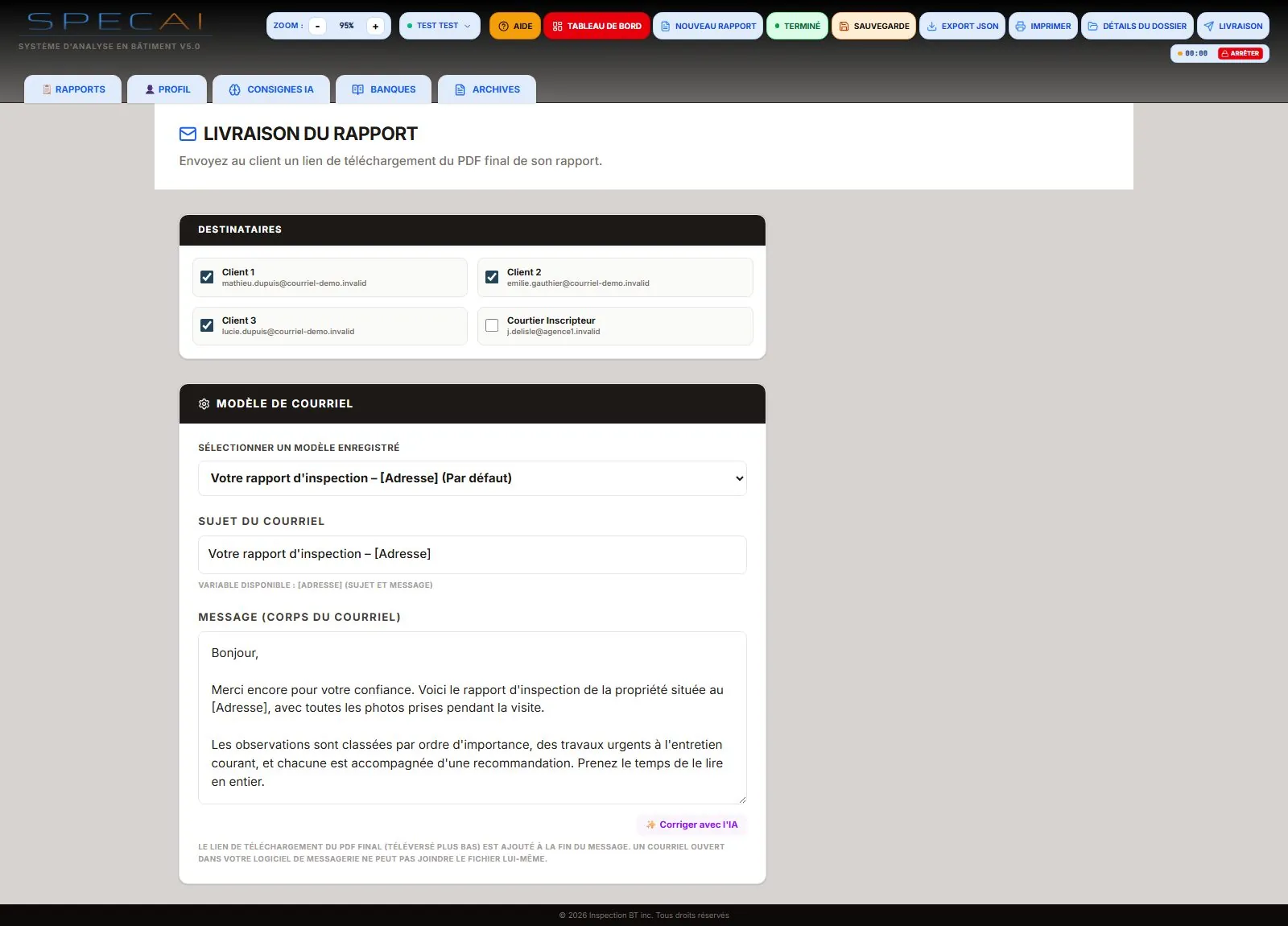 Capture de la vraie application SpecAI : Livraison du rapport