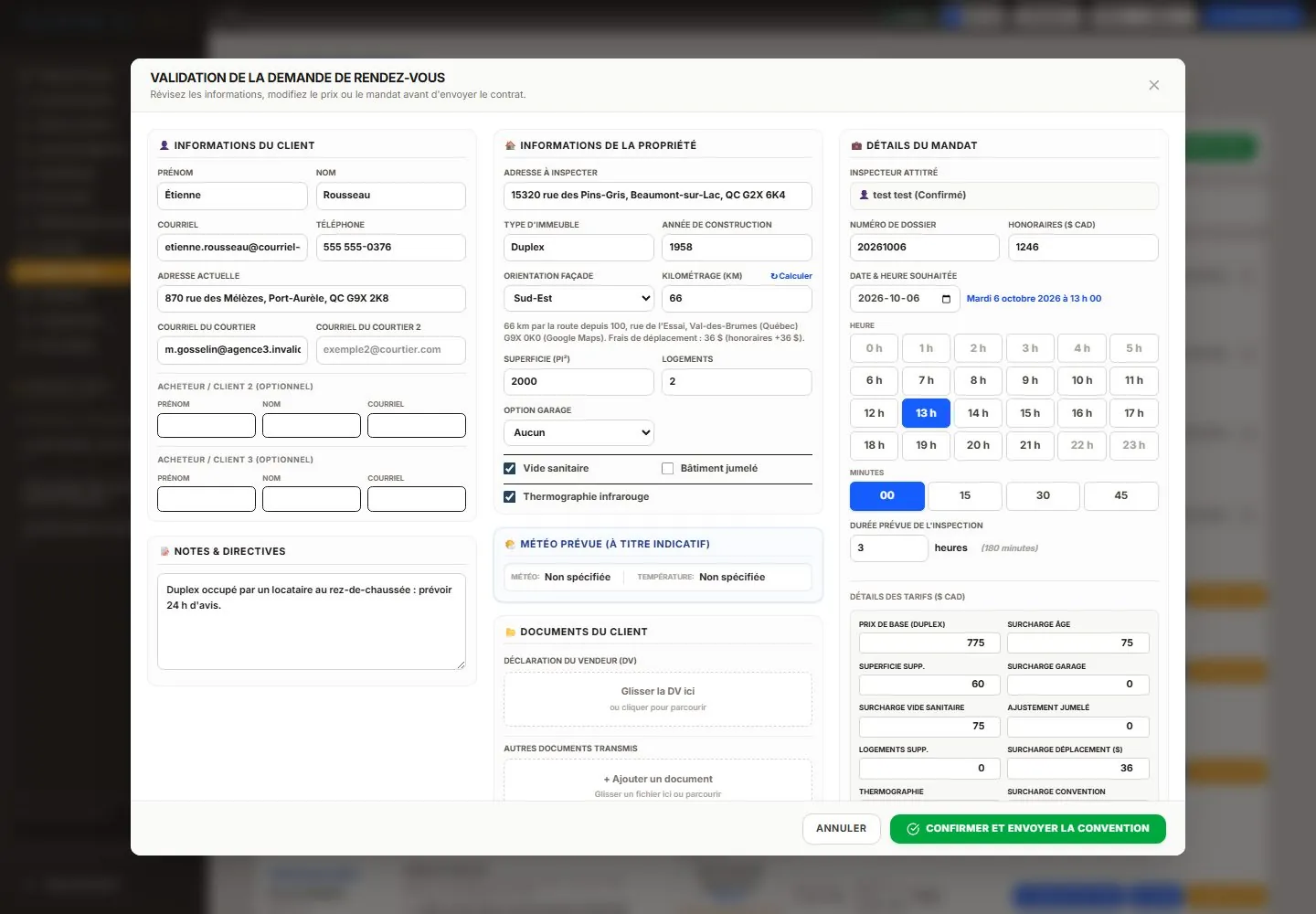 Capture de la vraie application SpecAI : Distance, frais de déplacement et orientation