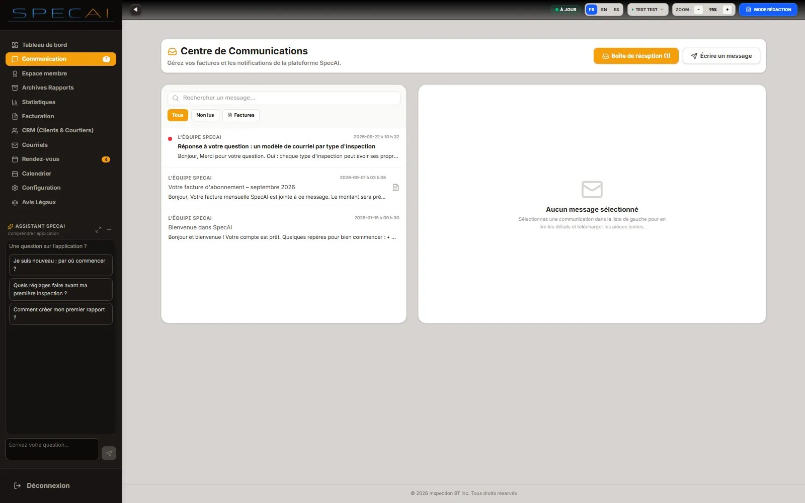 Capture de la vraie application SpecAI : Messagerie interne