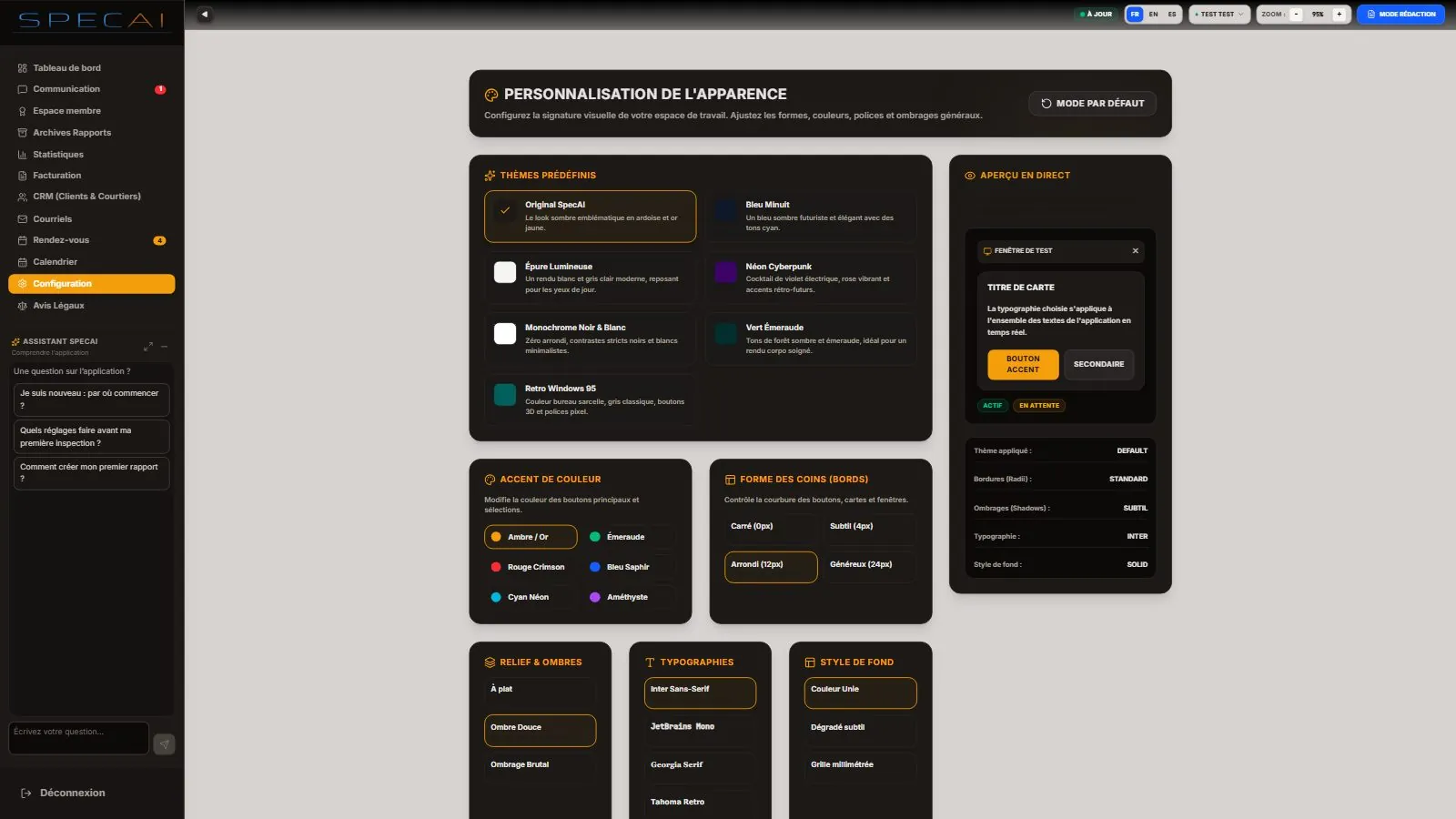 Capture de la vraie application SpecAI : Tout est modulable