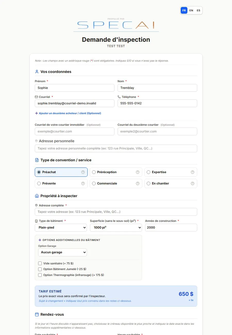 Capture de la vraie application SpecAI : Réservation en ligne