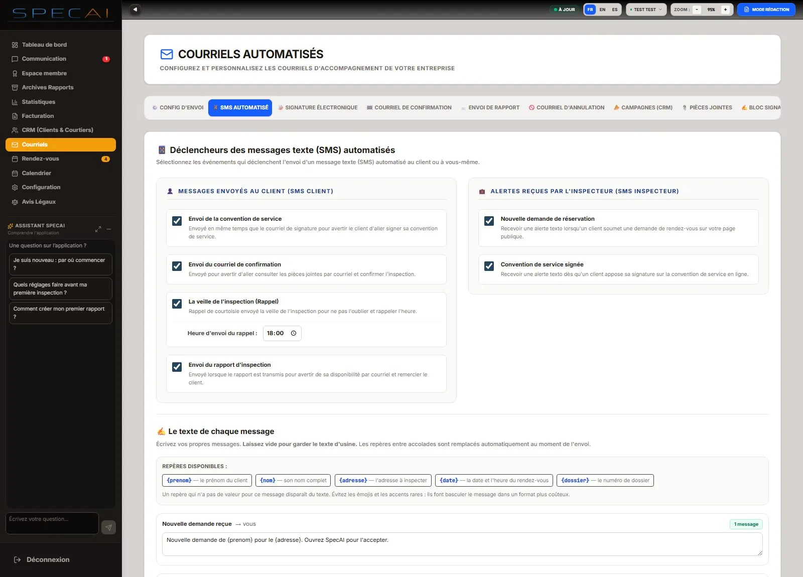 Capture de la vraie application SpecAI : Messages texte automatiques