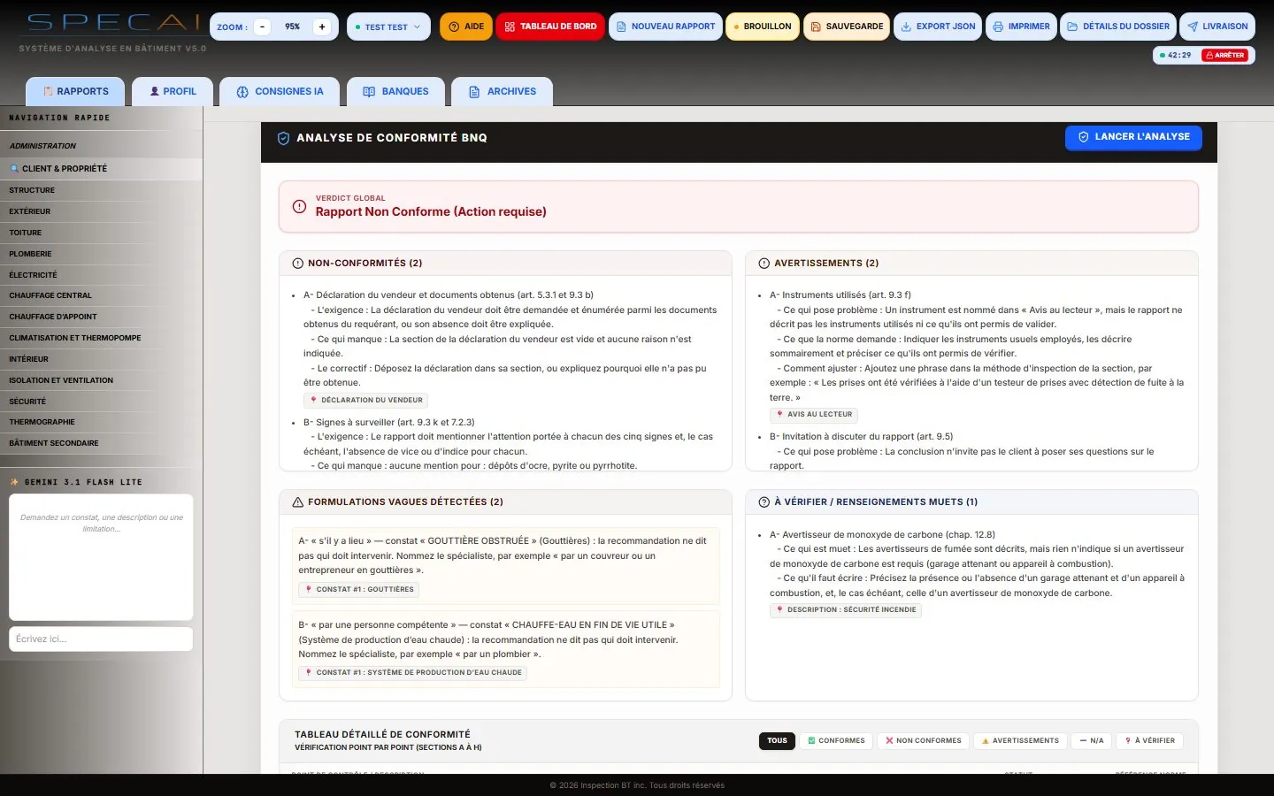 Capture de la vraie application SpecAI : Vérification du rapport avant l’impression