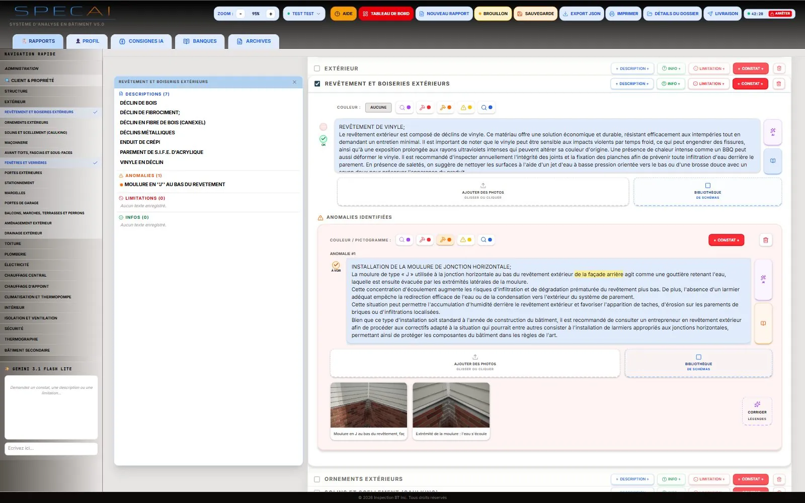 Capture de la vraie application SpecAI : SpecAI · rédaction · section Extérieur
