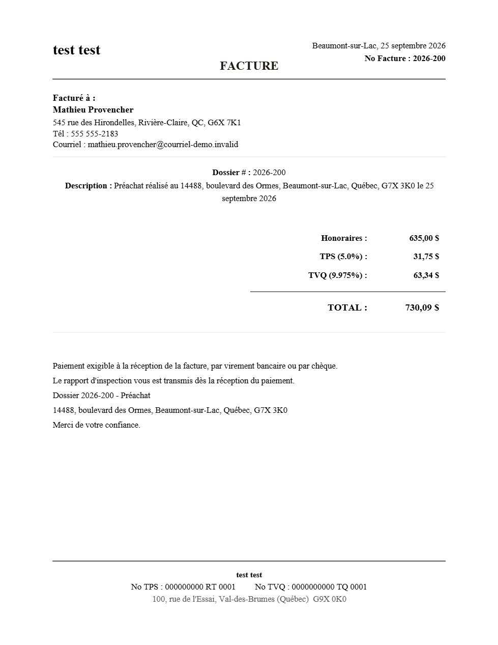 Page 1 d’une facture PDF produite par la démonstration de SpecAI, avec des données fictives